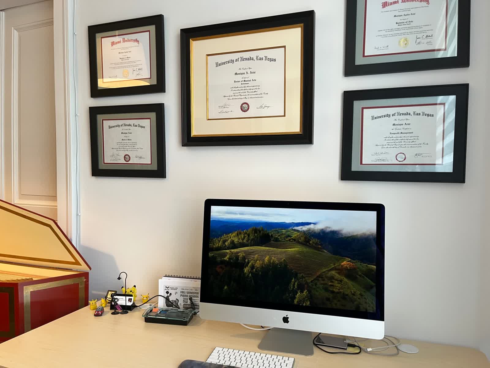 Framed degrees including a Doctor of Musical Arts in Performance from the University of Nevada, Las Vegas