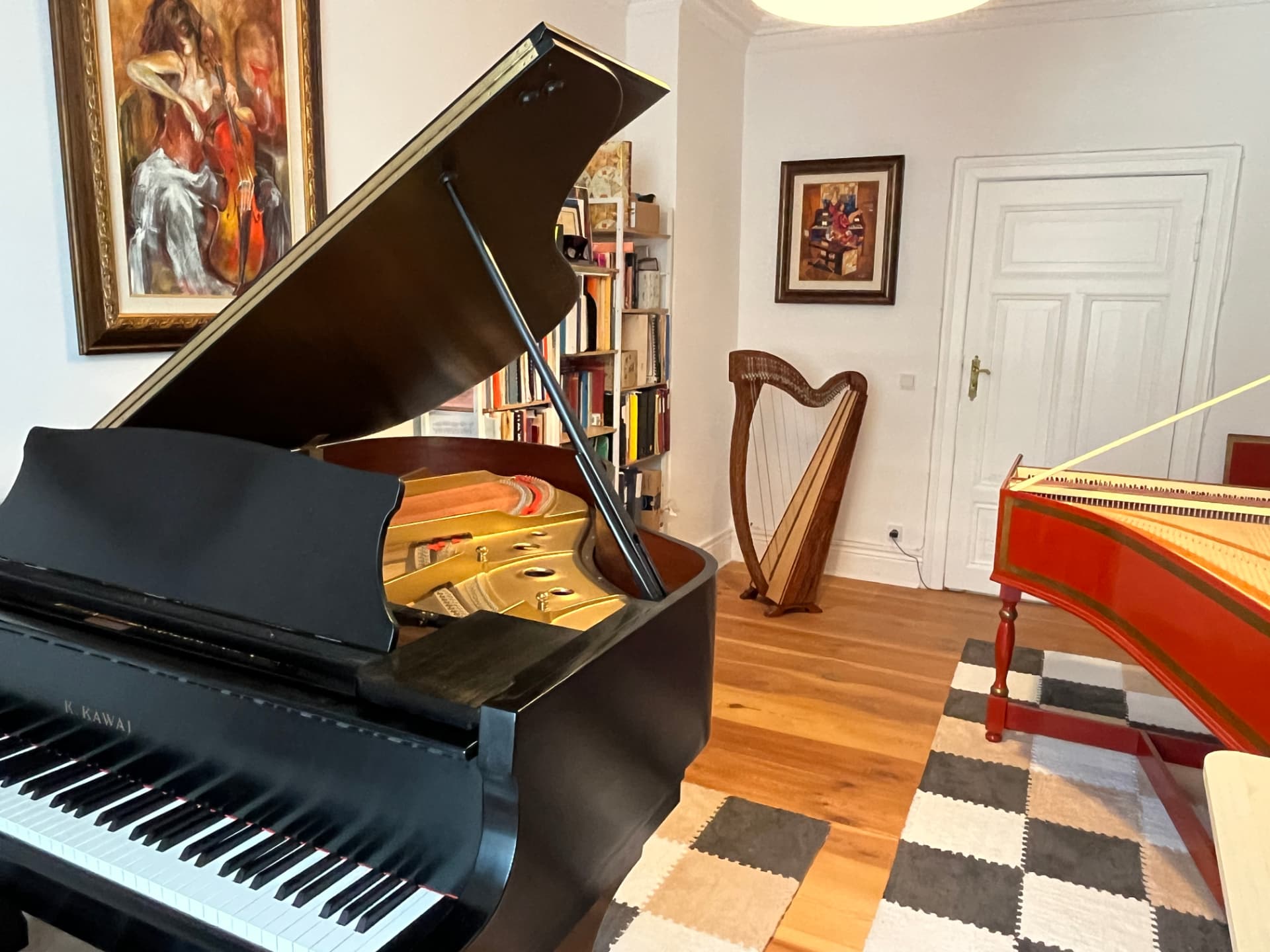 A Celtic harp for color, chamber playing, and ear training alongside the keyboards.