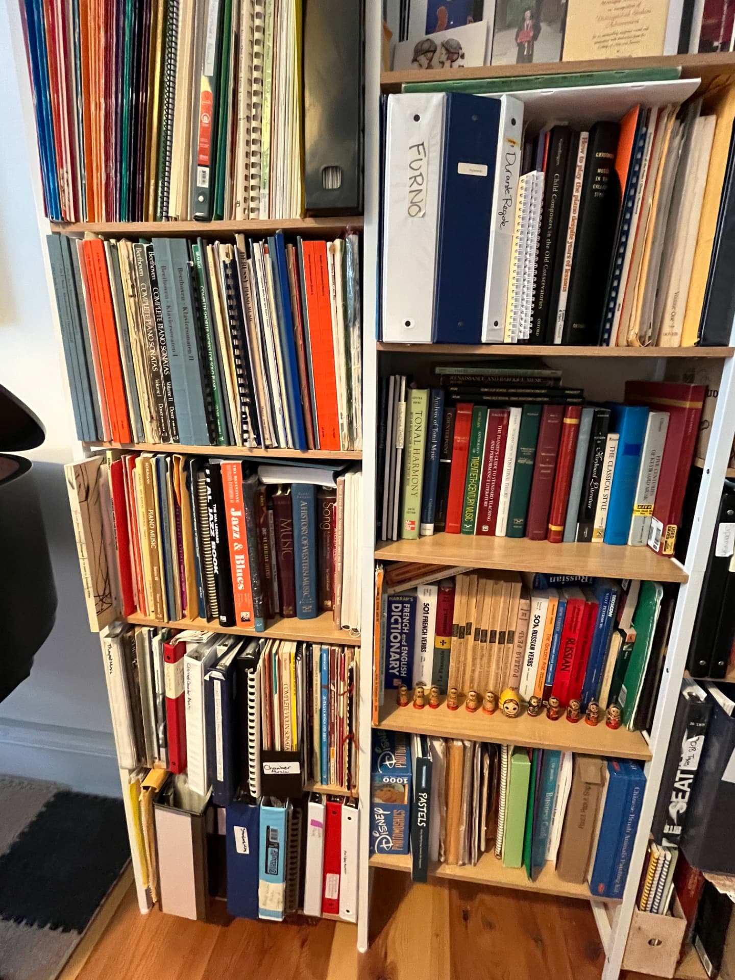 Complete sonatas, chamber parts, theory and language books — scores are chosen from the shelves during the lesson.